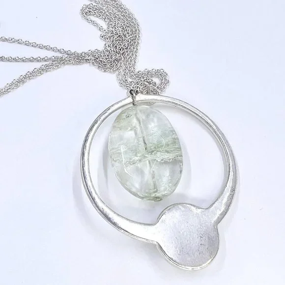 New / Handcrafted - Green Glass Bead Pendant 16” Silver Tone 2 Strand Necklace - Picture 7 of 8